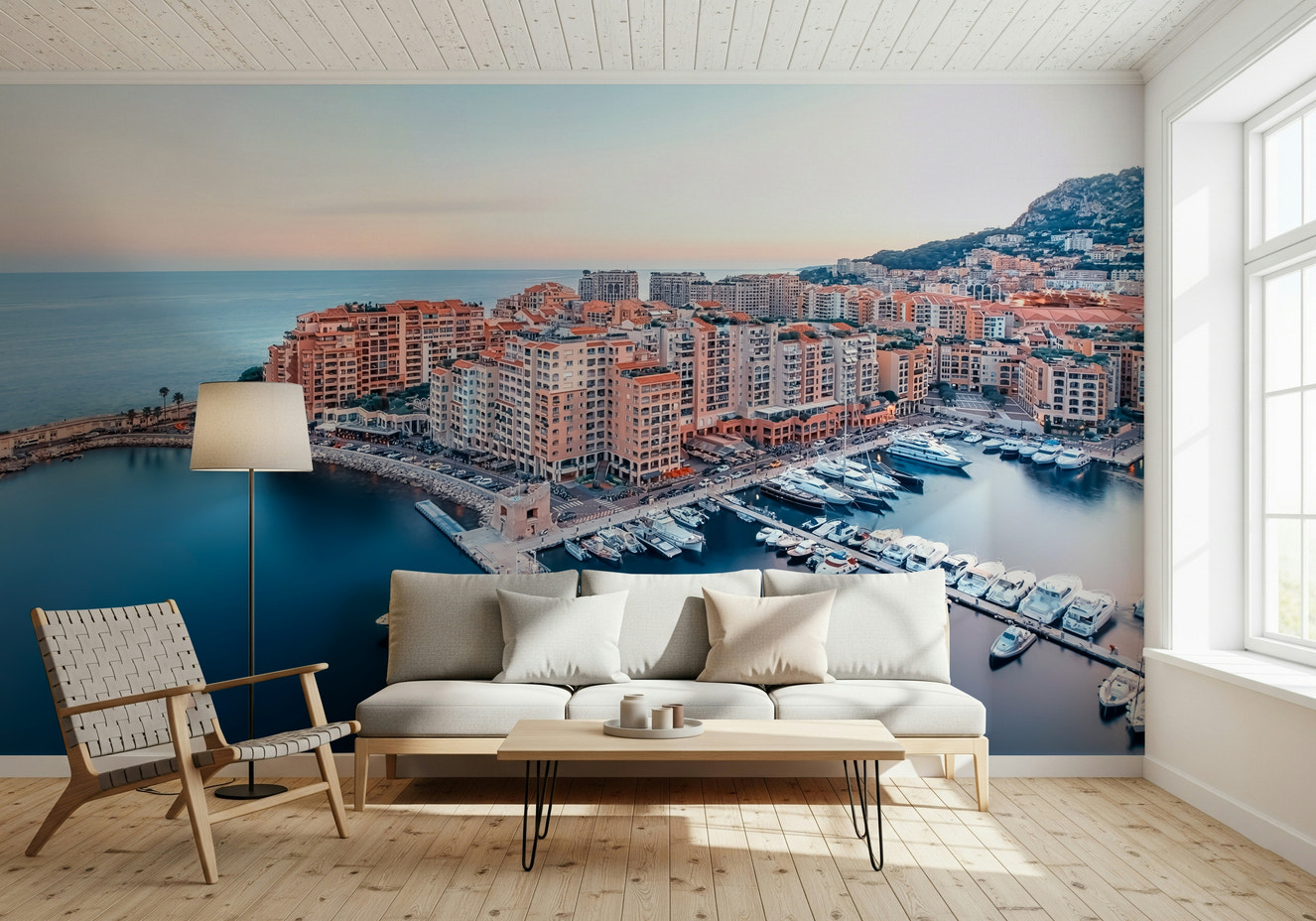 Aerial Monaco Marina harbor mural rich Mediterranean cityscape.