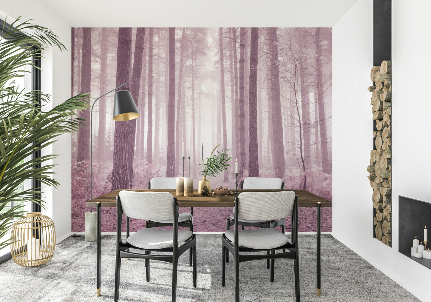 Soft focus Rose Forest pine wall mural dreamy pink tones.