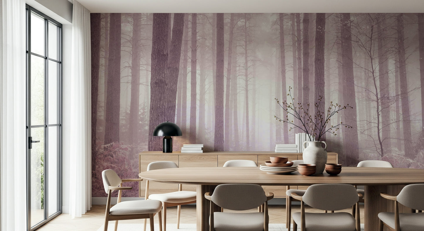 Atmospheric Rose Forest pine mural delicate lavender color.
