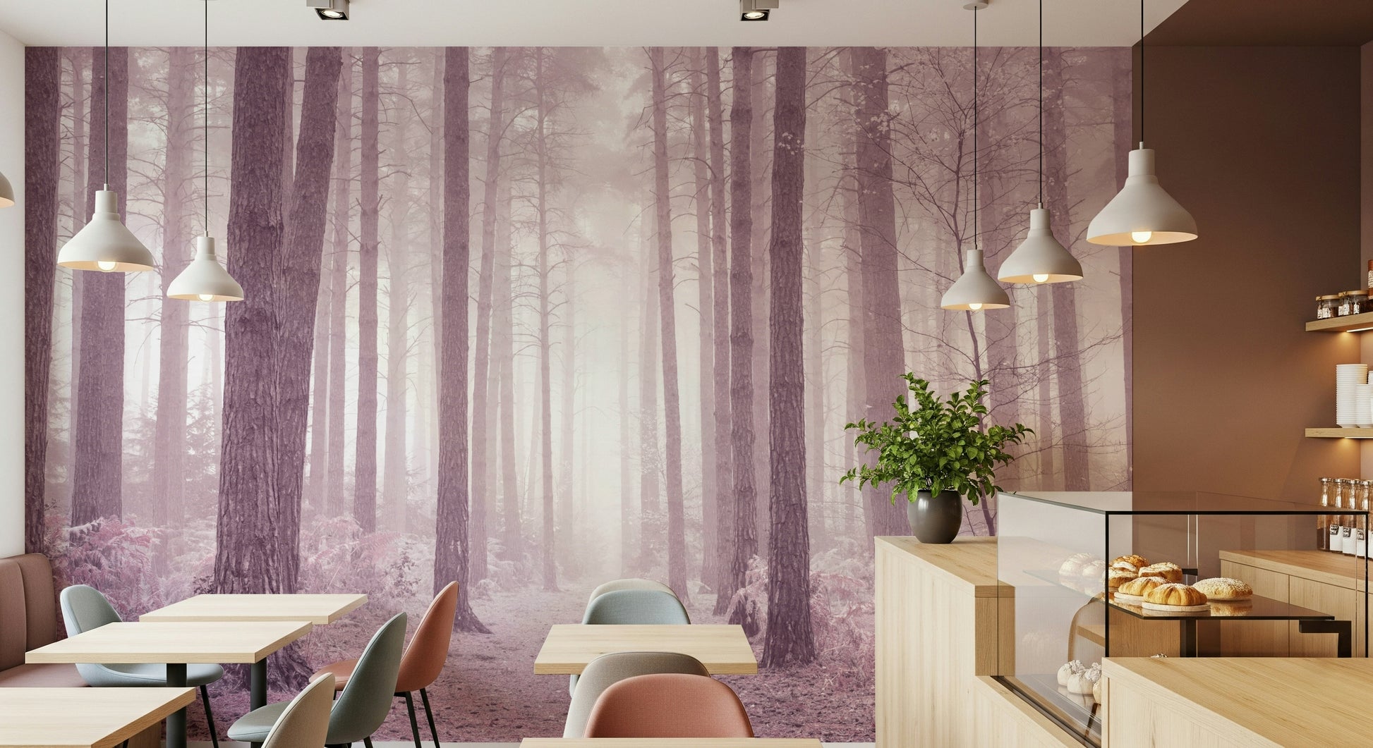 Serene misty Rose Forest wall mural beautiful nature motif.