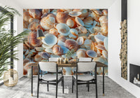 Sandy beach Shellscape ocean mural scattered sea life.
