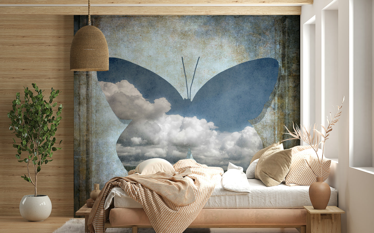 Butterfly Art Wallpaper Clouds landscape silhouette rustic frame design.