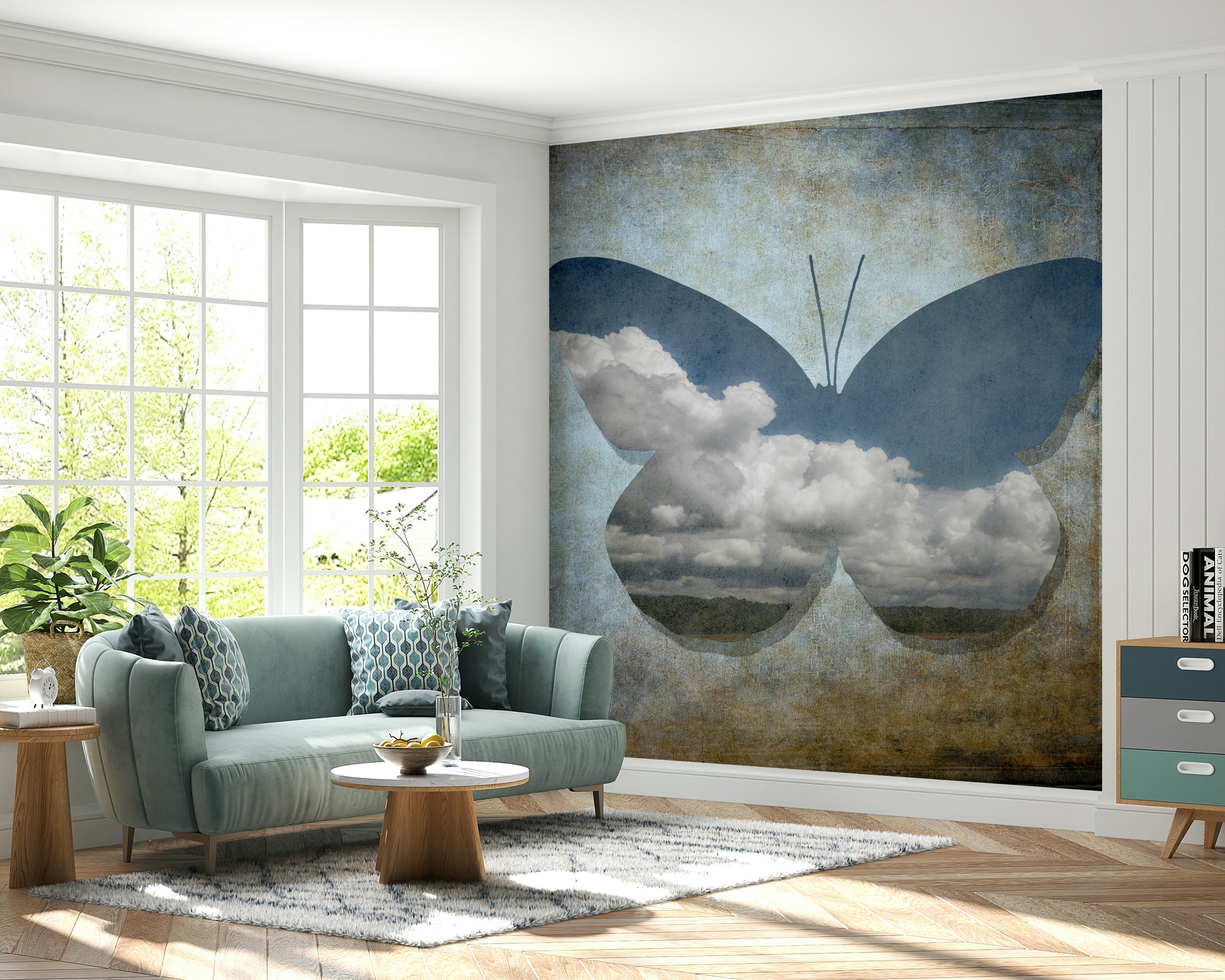 Ethereal Dreamscape Mural Soft blue butterfly wings white clouds.
