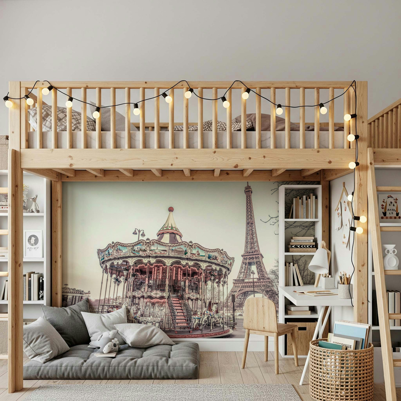 Carousel and Eiffel Tower Wallpaper Iconic Paris carousel in vintage sepia tones mural.
