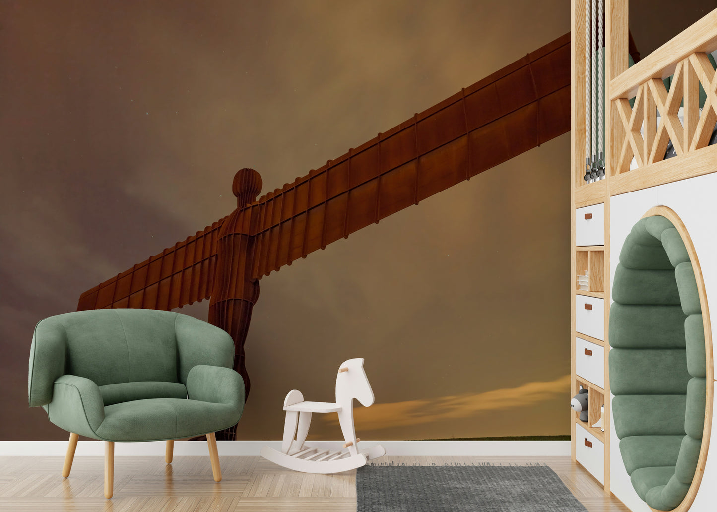 Angel of North landmark wall art, imposing iron figure, dramatic nocturnal view.