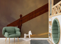 Angel of North landmark wall art, imposing iron figure, dramatic nocturnal view.