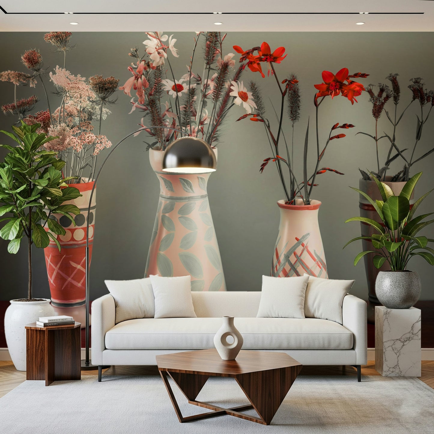 Muted color palette wallpaper highlighting Bohemian arrangements.