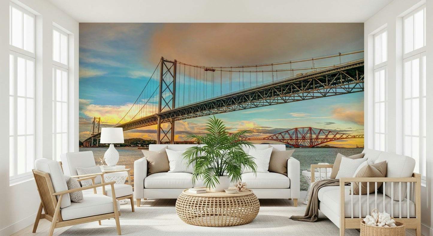 Sunset Bridging Sky river crossing wall mural landscape art