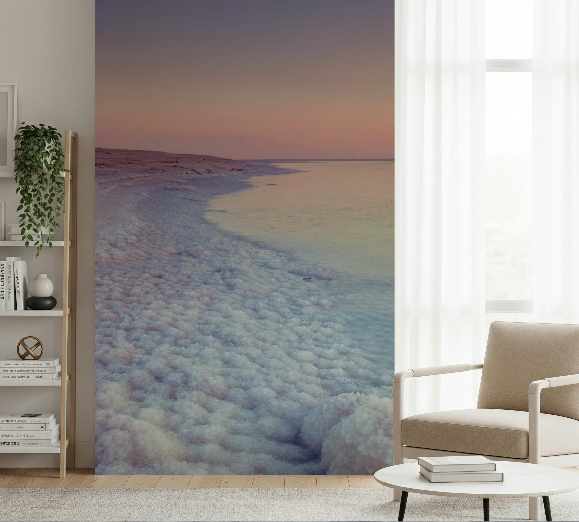 Dramatic Dead Sea Coastline mural, twilight glow, spiritual landscape wallpaper.