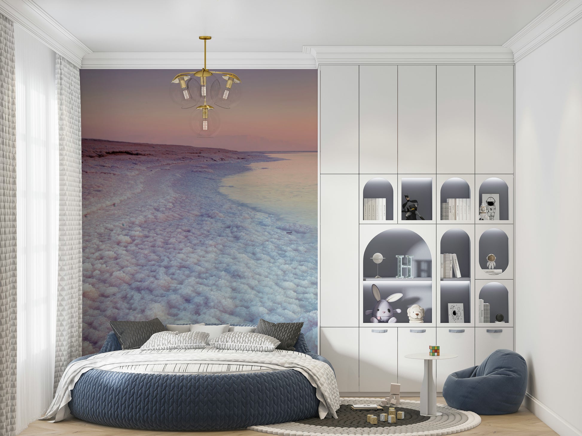 Ethereal Dead Sea Coastline mural, salt formations, soft sunset wallpaper.
