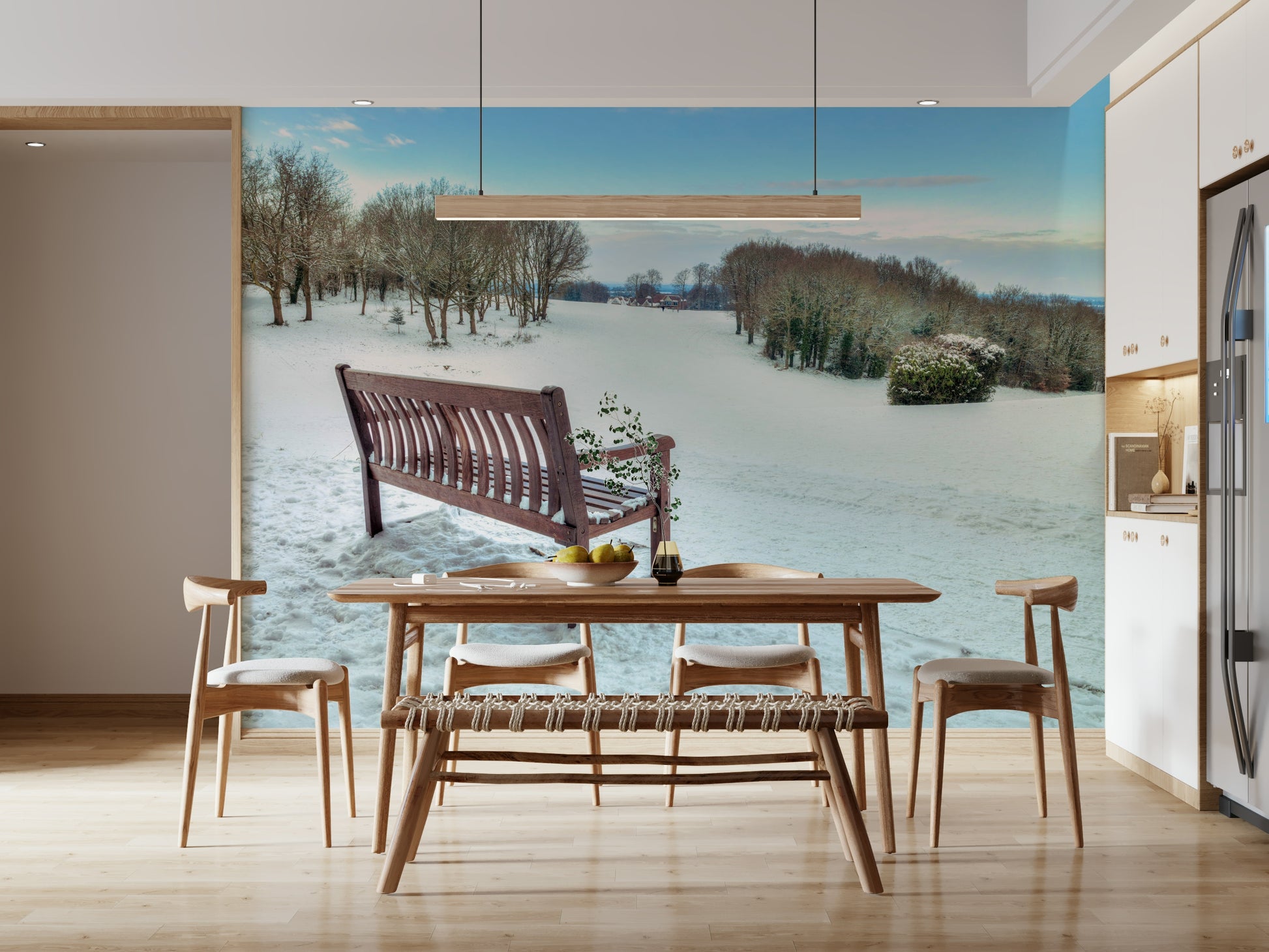 Scenic Bench in Snowy Landscape wallpaper, crisp blue sky, idyllic wall mural.
