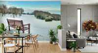 Peaceful winter mural, vast snow blanket, natural landscape wallpaper.