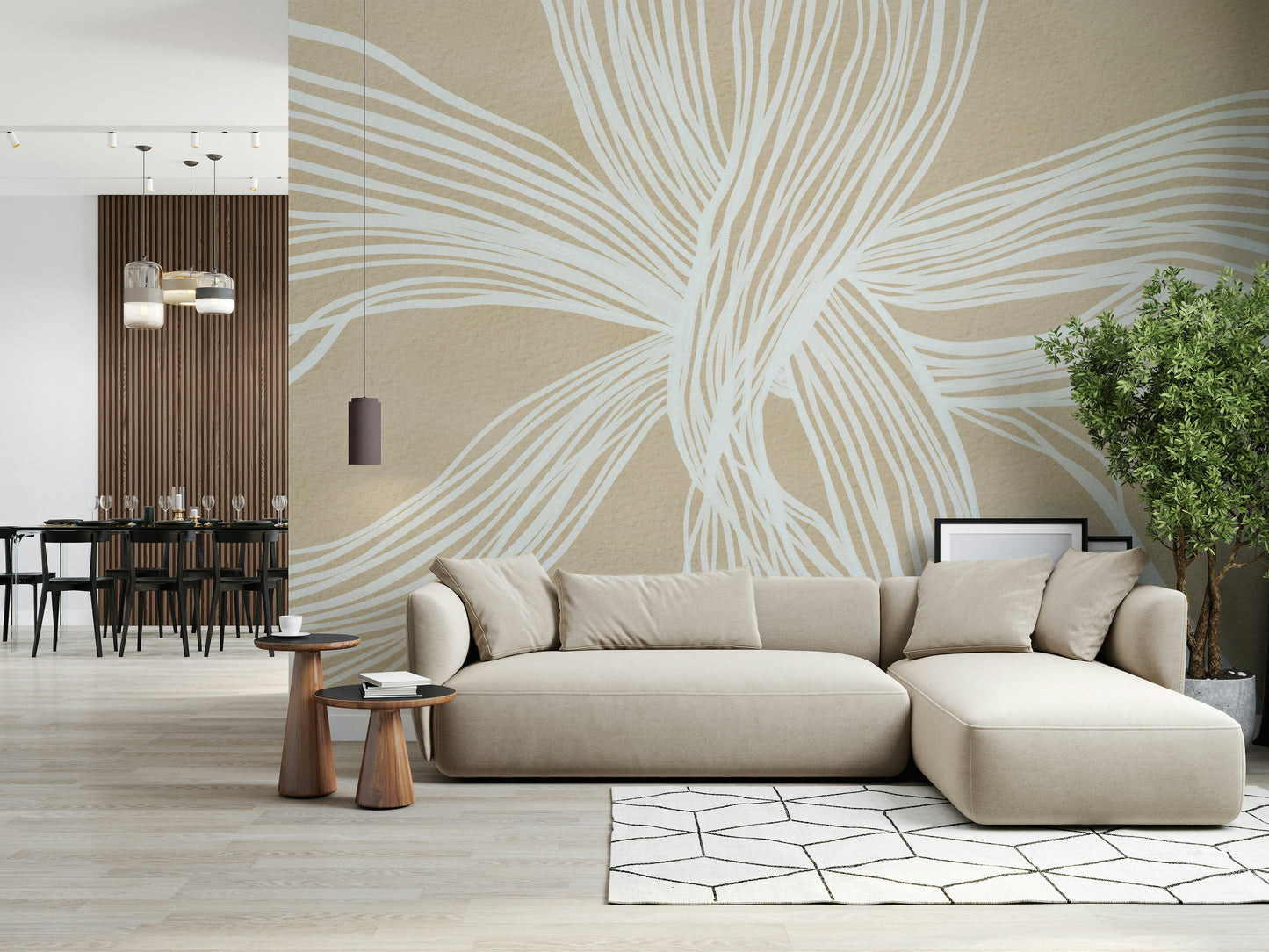 Modern wall mural Flowing Lines neutral tan color interwoven ribbon look