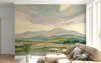 Pastel Painted Mountainscape panorama calming bedroom wall hanging.