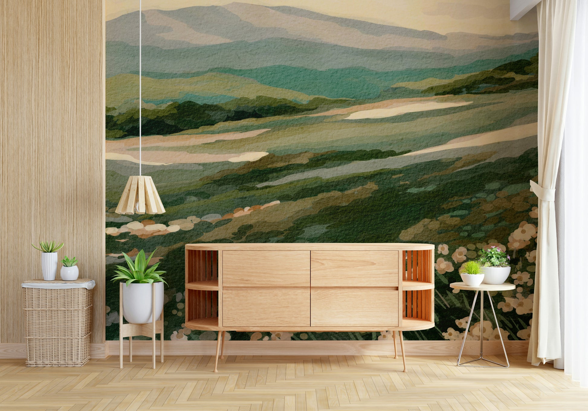 Artistic landscape wall mural featuring rolling mountains and delicate petals in watercolor style.