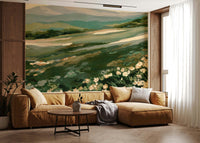 Nature inspired wallpaper for walls displaying lush valley views and wild blossoms.