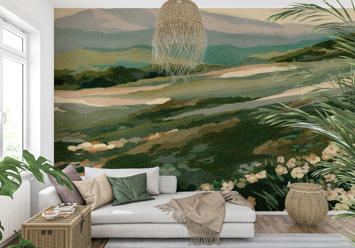 Textural watercolor mural for walls highlighting verdant slopes and bright floral foregrounds.