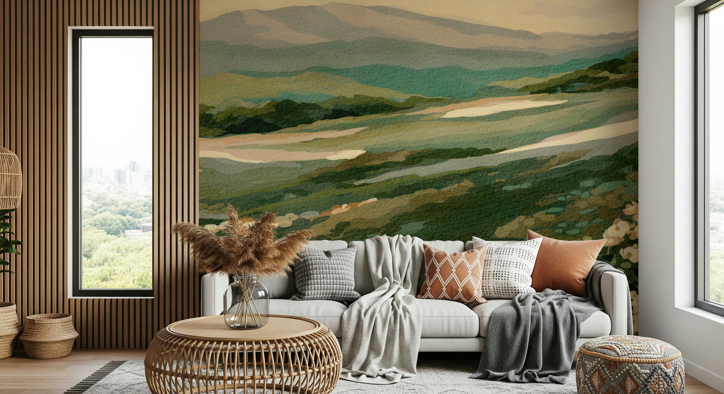 Serene Floral Meadow Vista wallpaper design capturing rustic beauty of open nature.