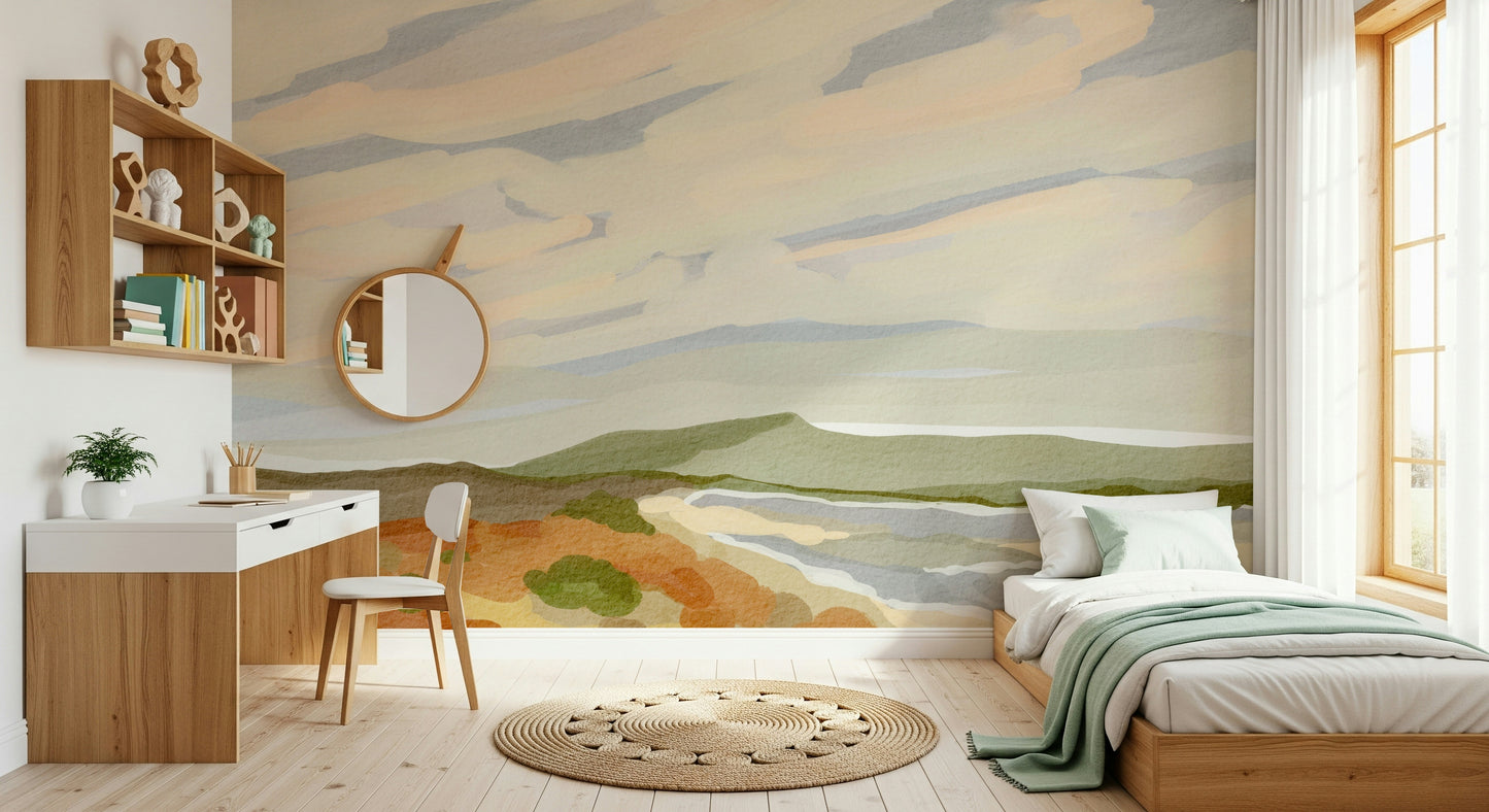 Expressive wall mural showcasing Watercolor Hills view with dynamic sweeping lines.