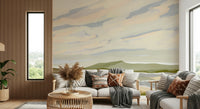 Scenic wall mural featuring Watercolor Hills design with orange foreground bushes.