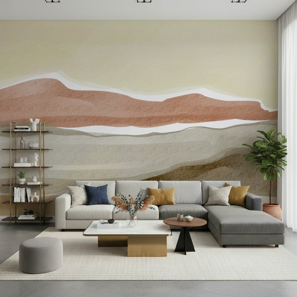 Minimalist bedroom wallpaper showcasing Muted Desert Vista scenery with grey sand textures.