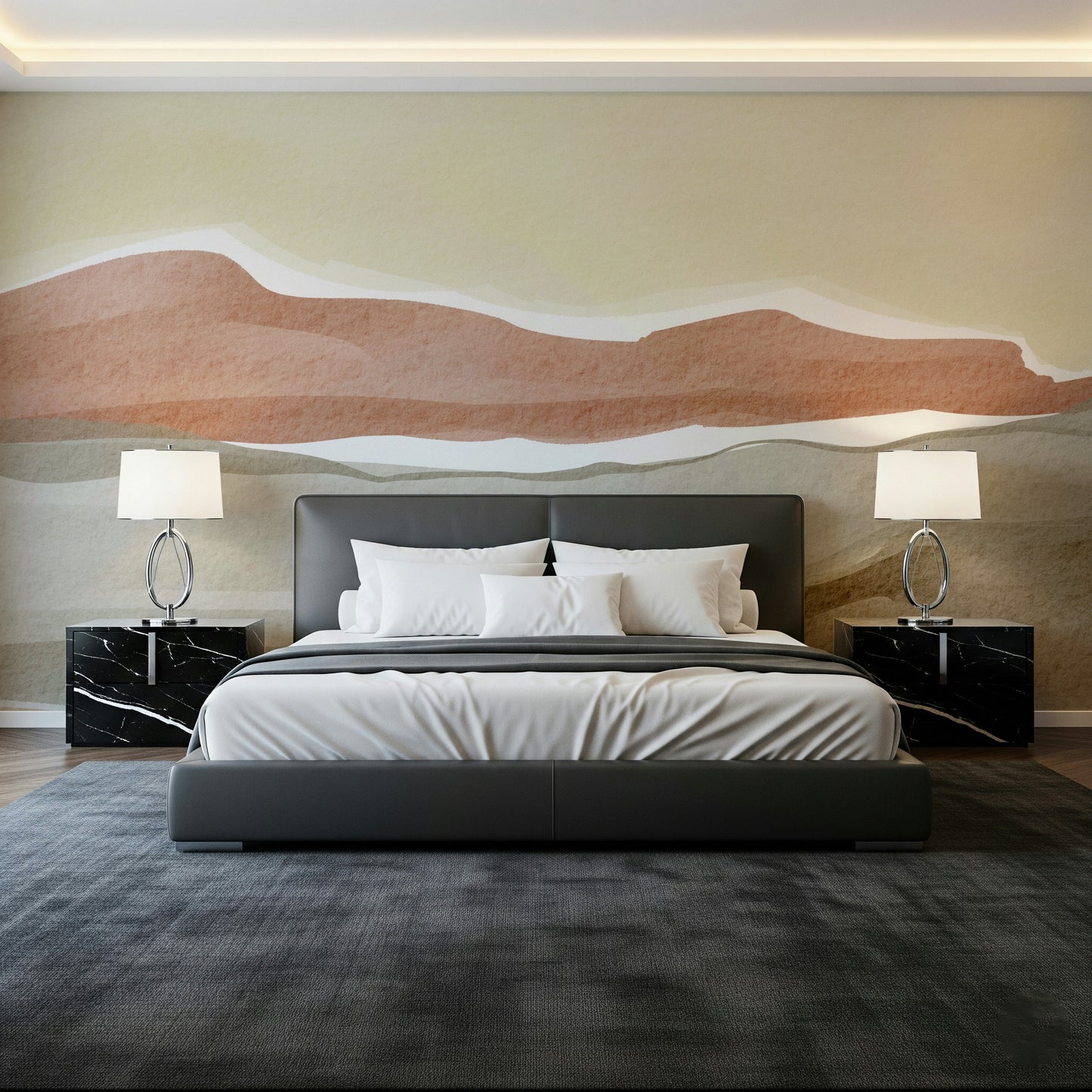 Muted Desert Vista mural wallpaper displaying painted abstract horizon for modern living rooms.