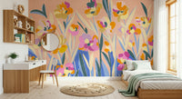 Repeating abstract flower Painted Blossom wallpaper adds joyful texture.