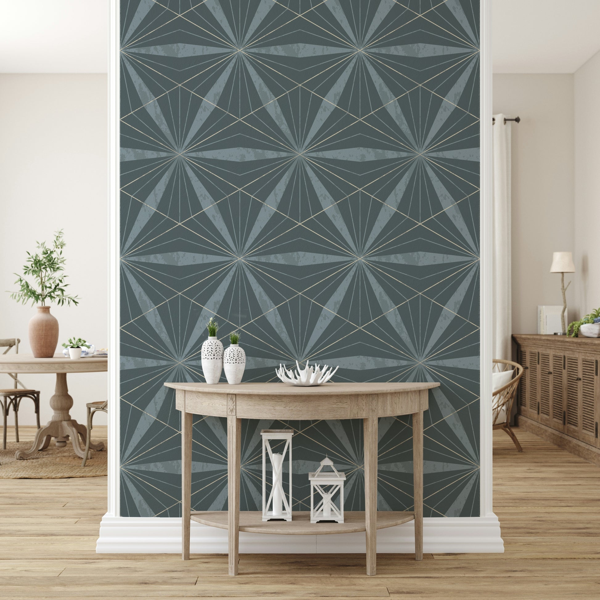 Intricate Azure Radiance repeat wallpaper featuring sharp, precise geometry.