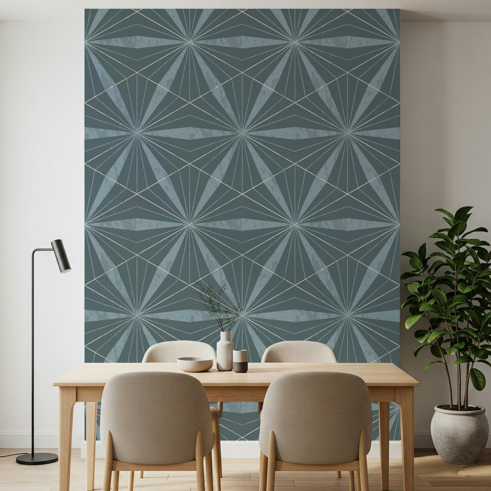 Clean angular starburst mural known as Azure Radiance.
