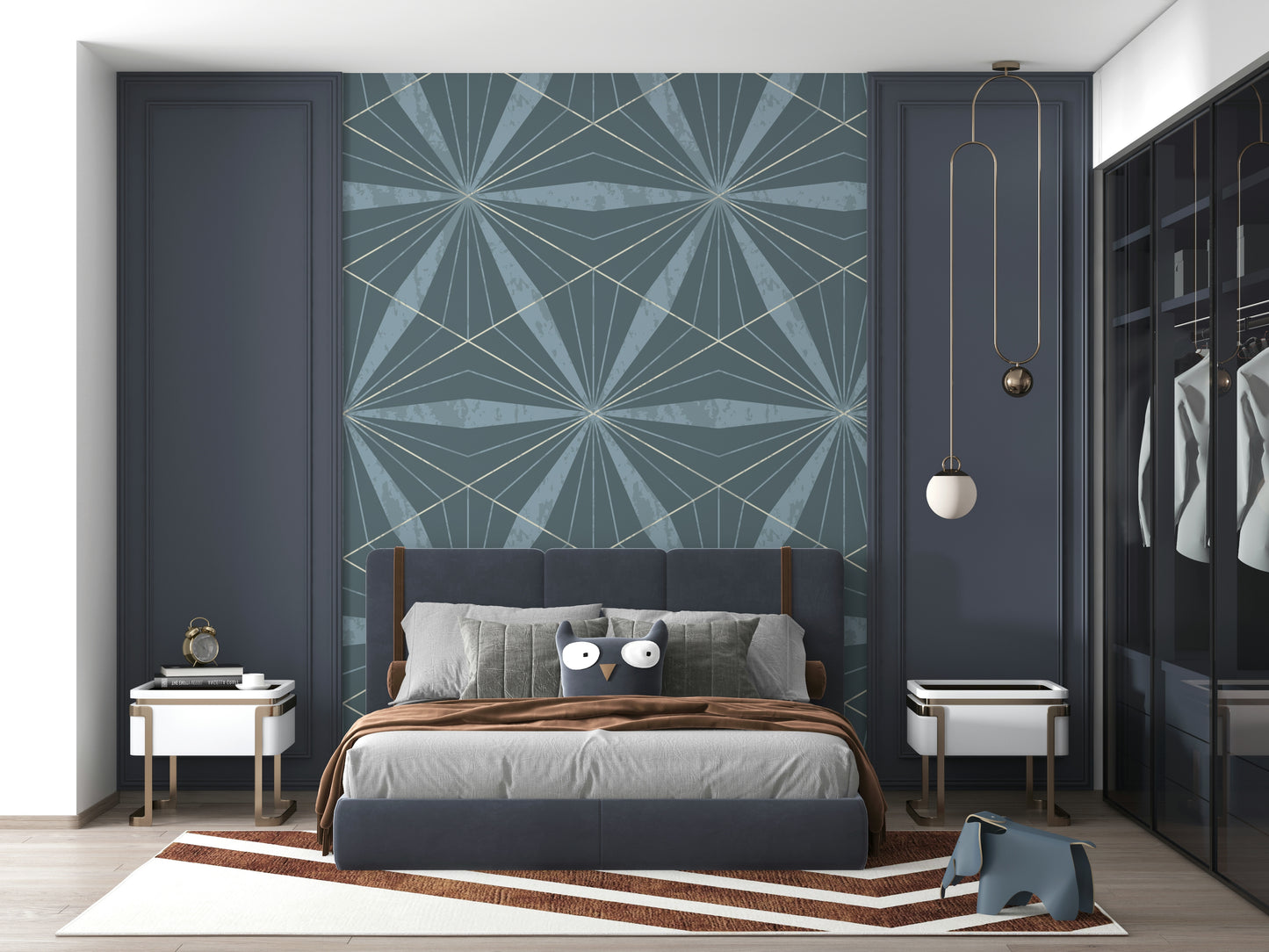 Stunning Art Deco Radiance mural in a deep, rich blue tone.