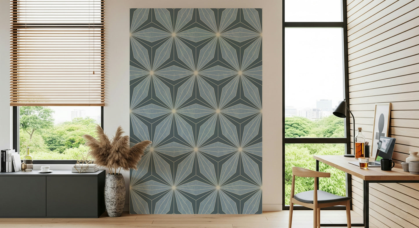 Stylish radiating lines wallpaper features a cool, pale blue surface.
