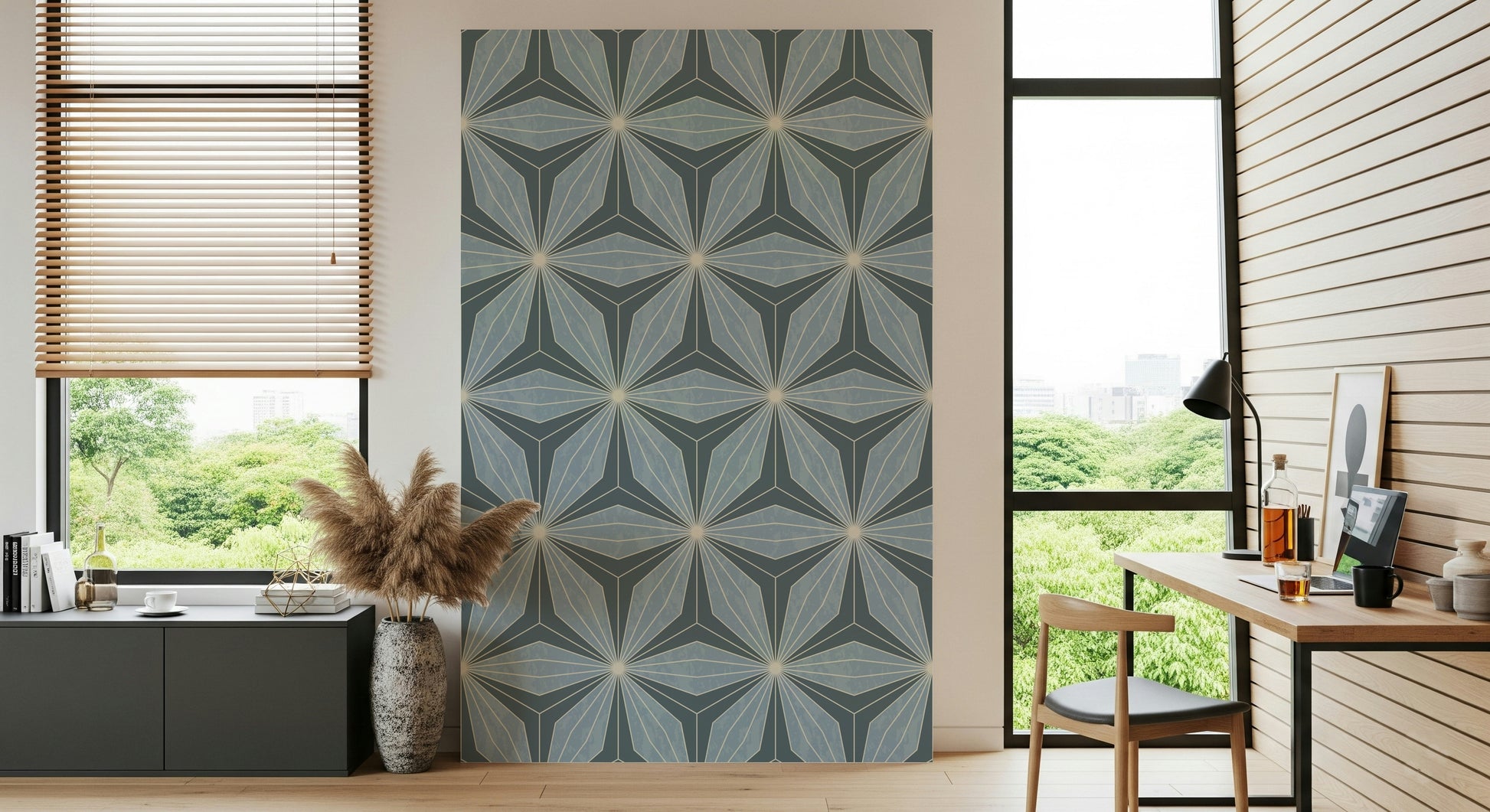 Stylish radiating lines wallpaper features a cool, pale blue surface.