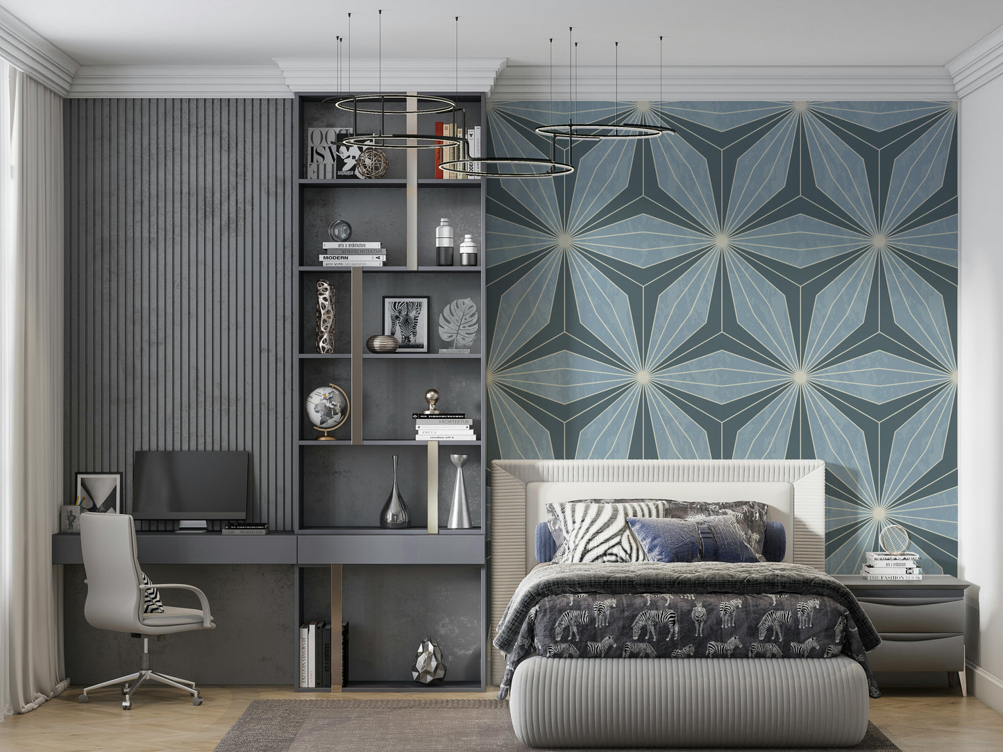 Sophisticated blue fan design mural called Geometric Flowers.