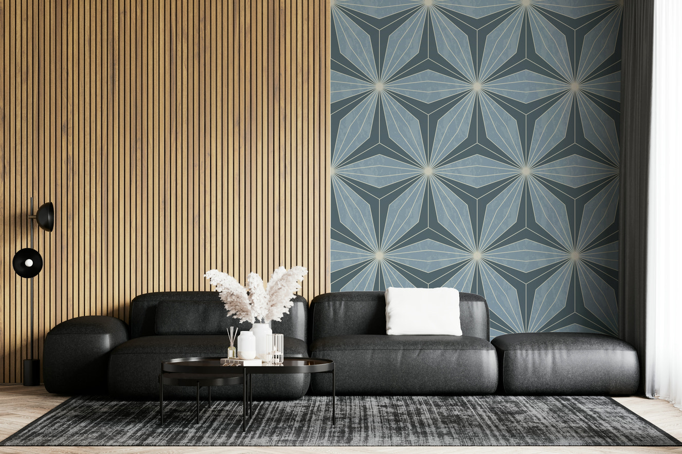 Geometric Flowers Radiance wallpaper in deep slate blue hue.