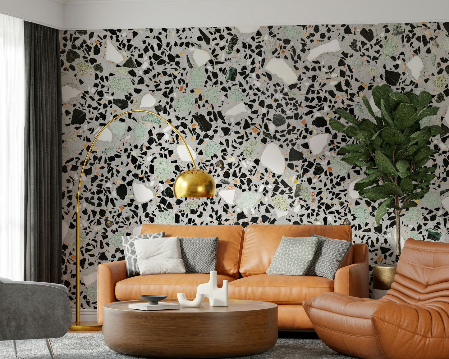 Contemporary speckled surface wall mural grey black mint flecks.
