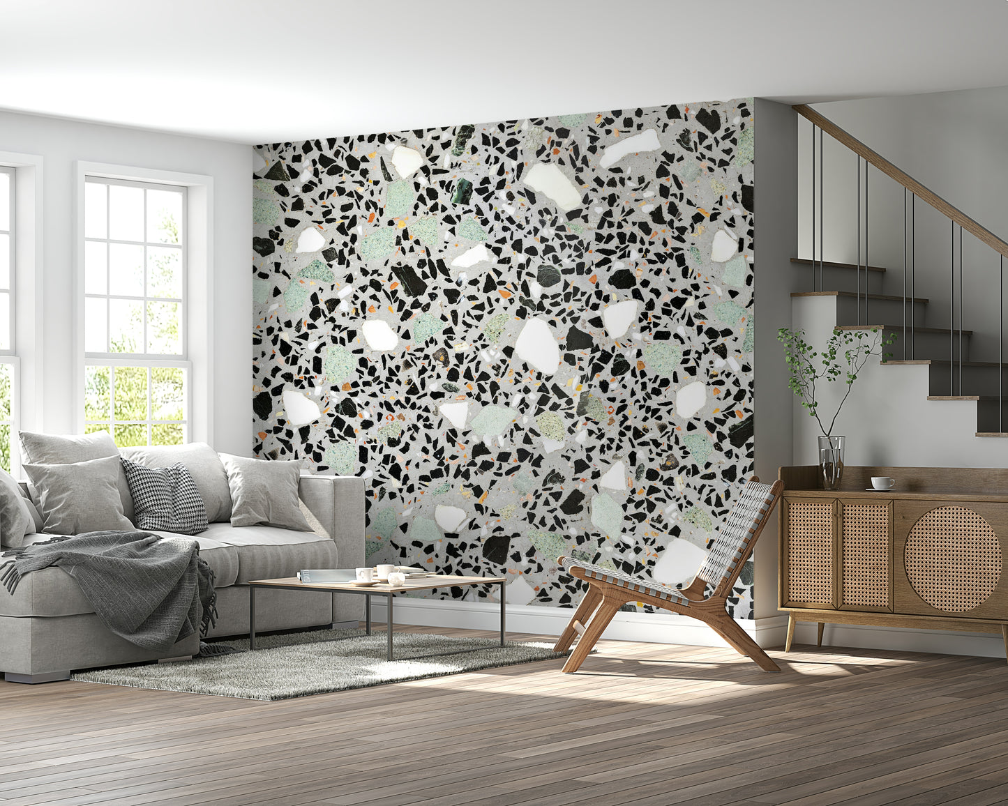 Fine composite stone effect wallpaper subtle mint and charcoal chips.