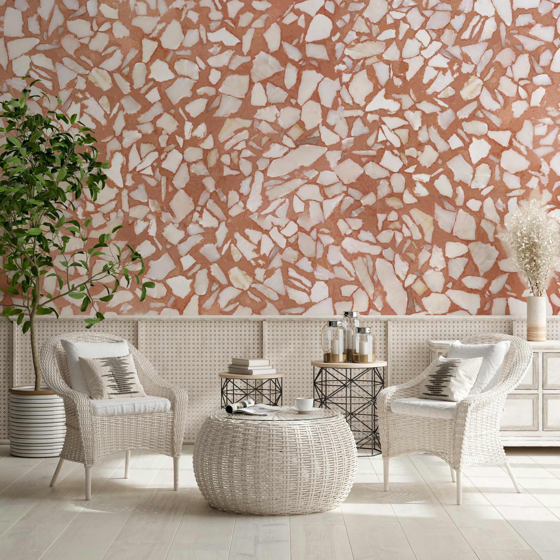 Sienna terra-cotta natural wallpaper. Lively stone fragment mosaic.