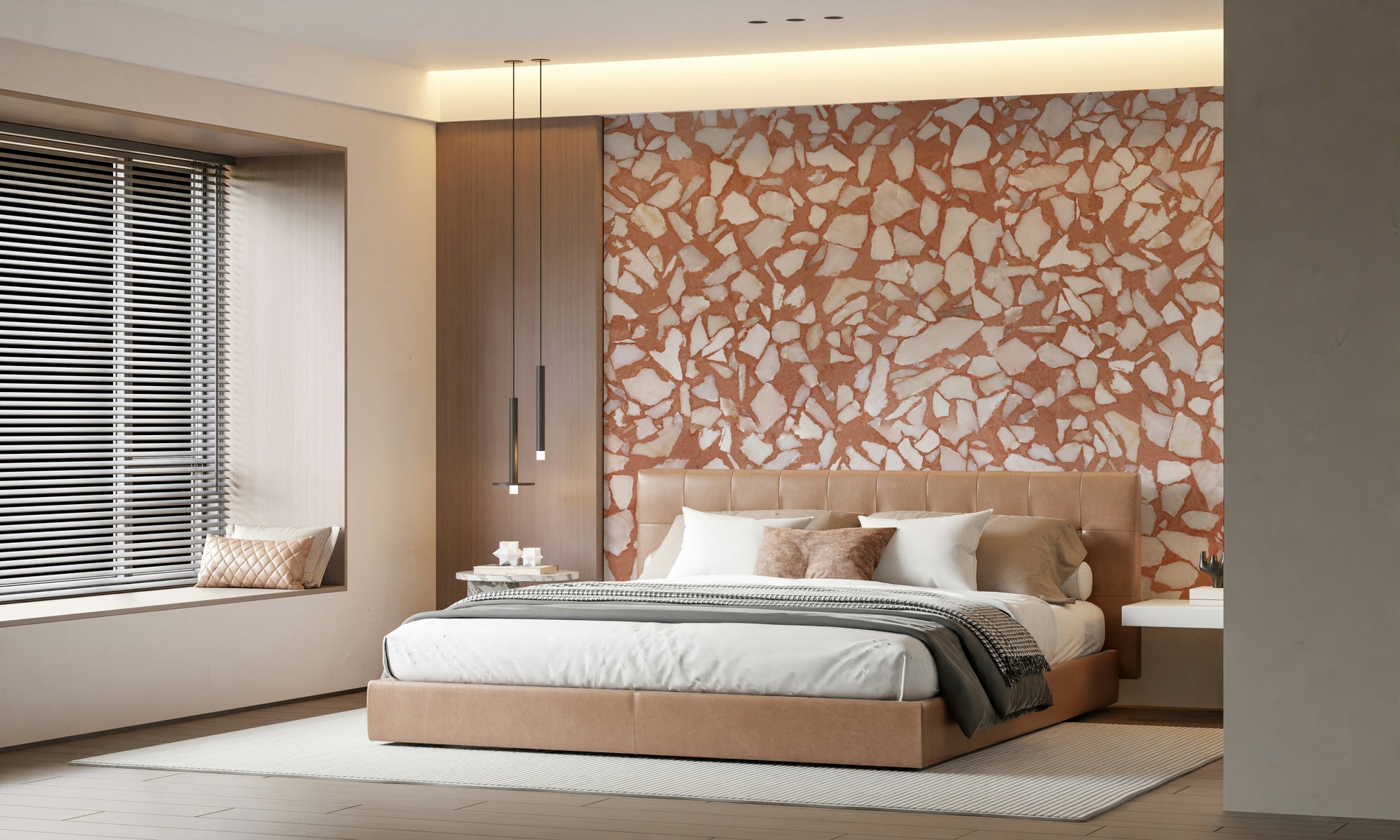 Vivid terra-cotta natural wallpaper. Bold white aggregate backdrop.