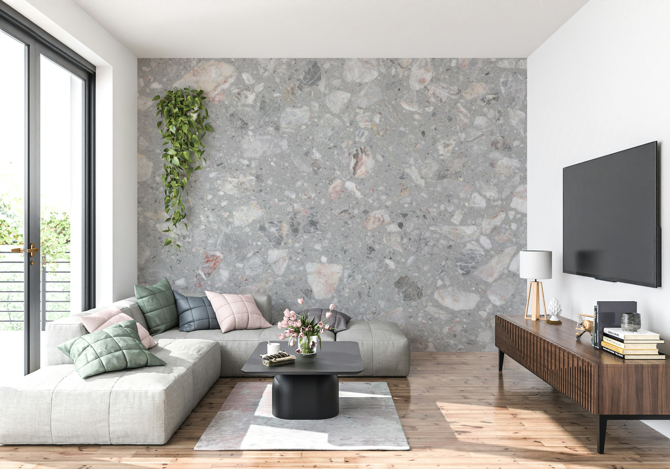 Grey Terrazzo Cement wallpaper. Speckled stone mural.