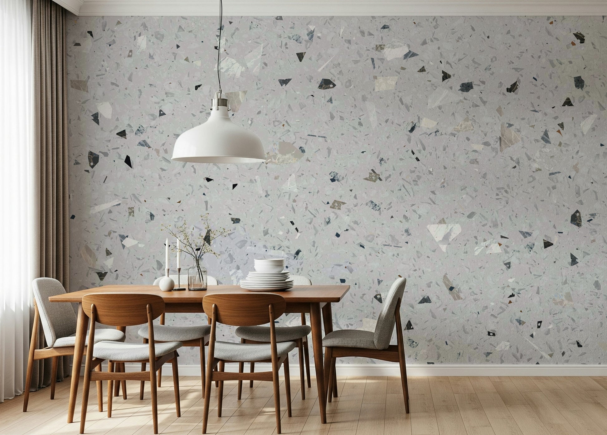 Beautiful Pattern Beige Terrazzo wallpaper covering in pale hues.