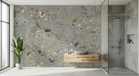 Geological Grey Terrazzo embedded wallpaper surface.