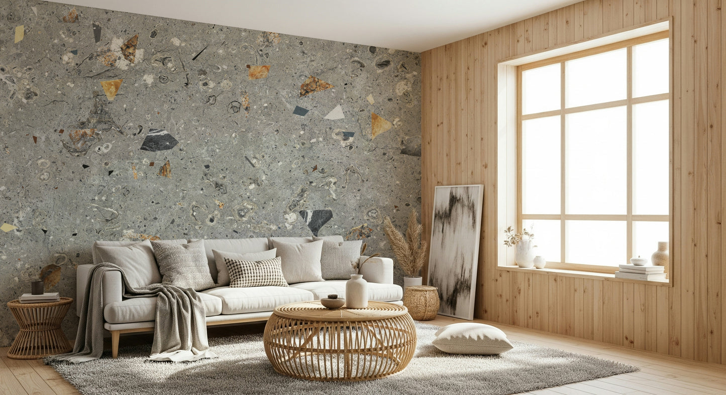 Organic concrete Fossil Stone Grey Terrazzo surface mural.