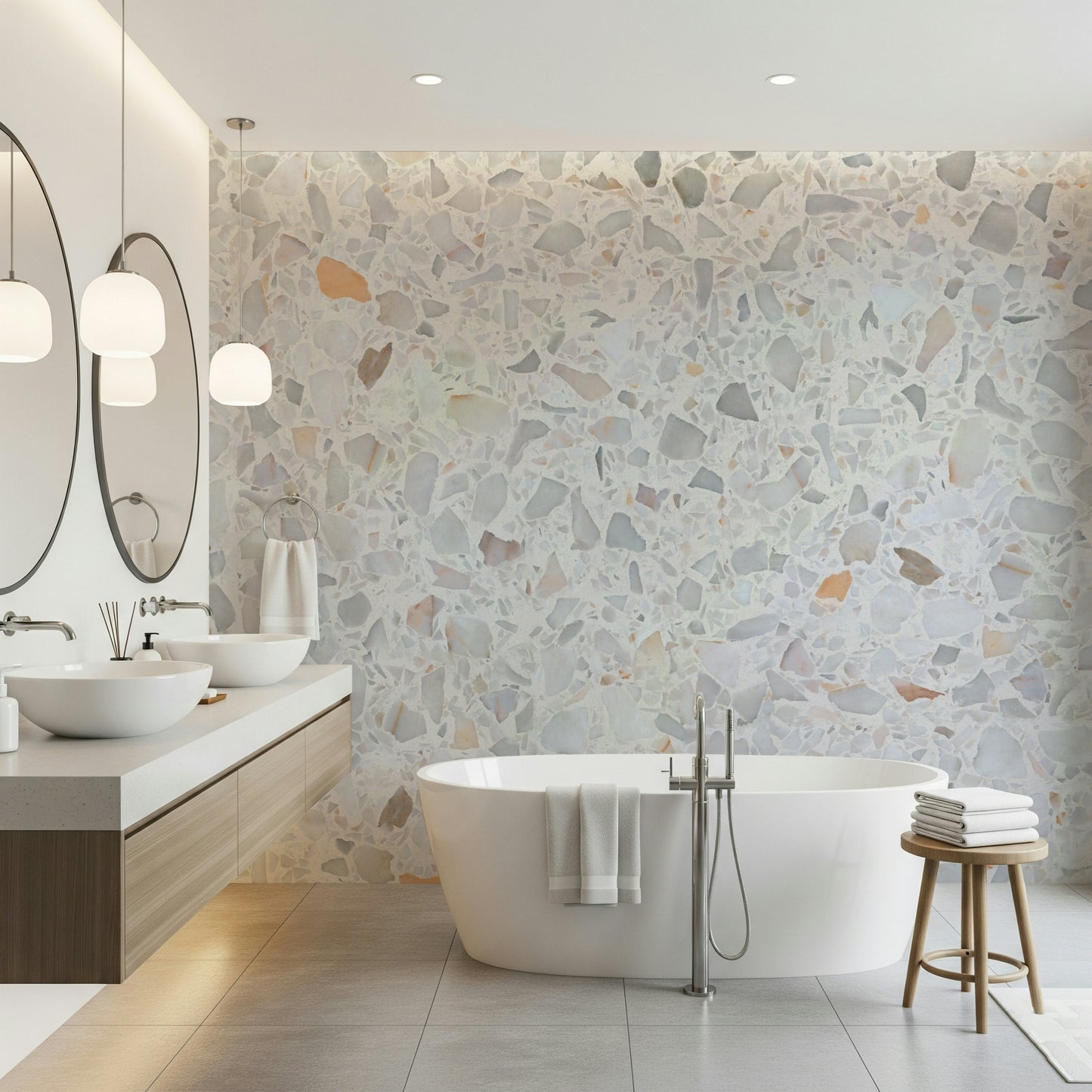 Soft-hued Modern Terrazzo wall mural with white chips.