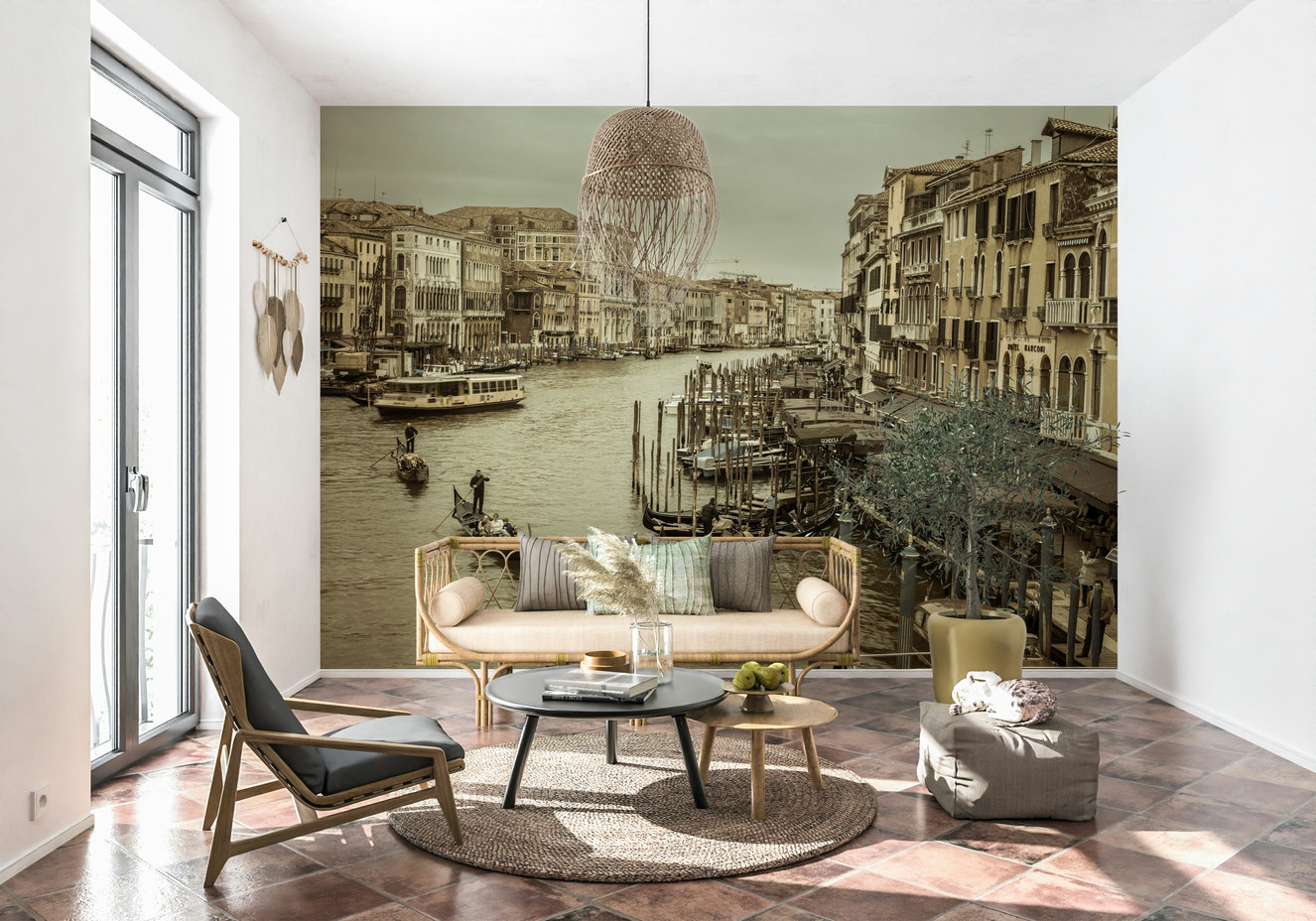 Vintage Historic Grand Canal view, iconic gondolas and water taxis wallpaper.