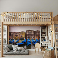 Cobalt wall mural serene Venice lagoon historical architecture wallpaper for walls.