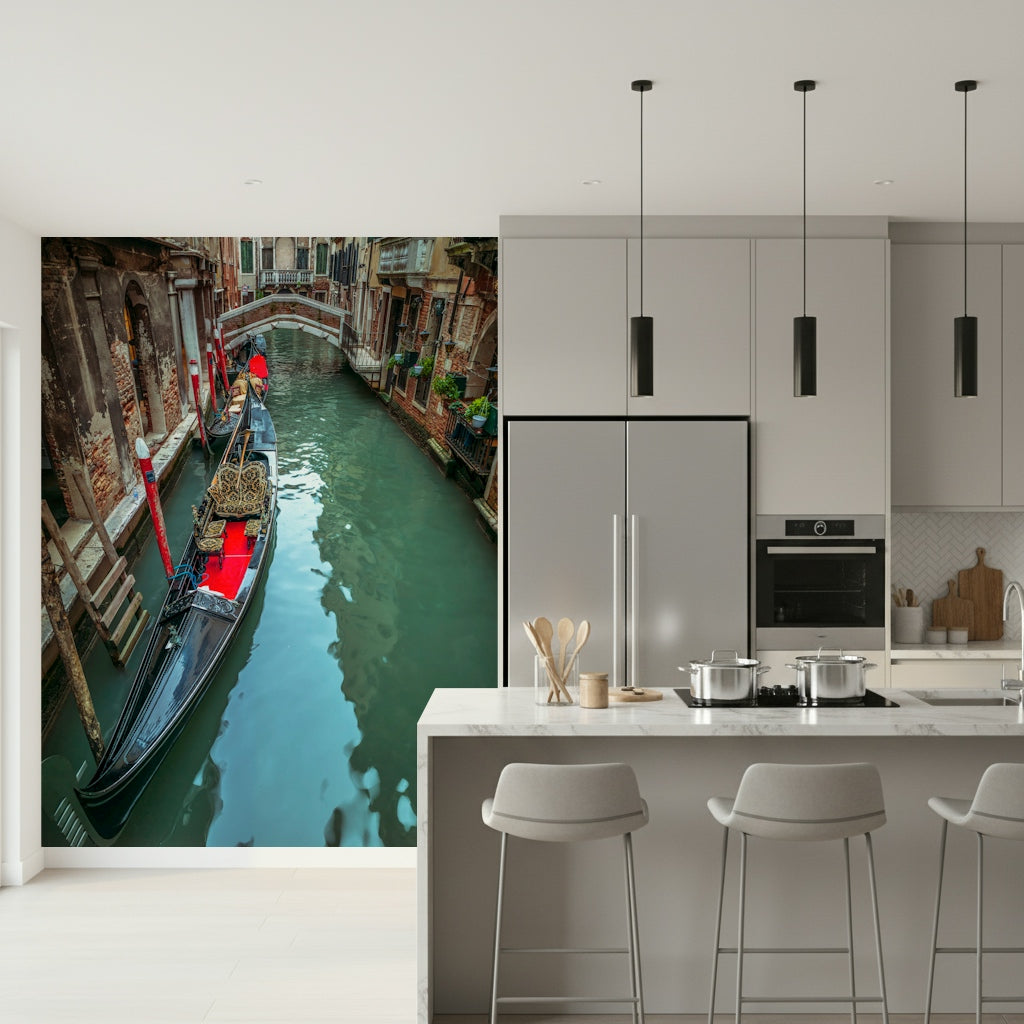 Gondola Dream Venetian canal wallpaper, narrow waterway boats picture.