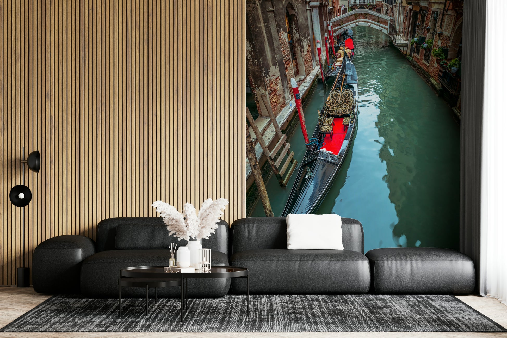 Gondola Dream accent wallpaper, boat tied to pole, stone facade, stunning.
