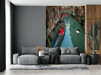 Gondola Dream print, boat moored along ancient brick walls mural.