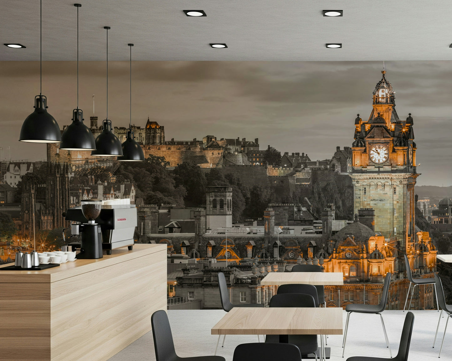 Illuminated Edinburgh Twilight skyline wallpaper for walls, Scottish capital art.