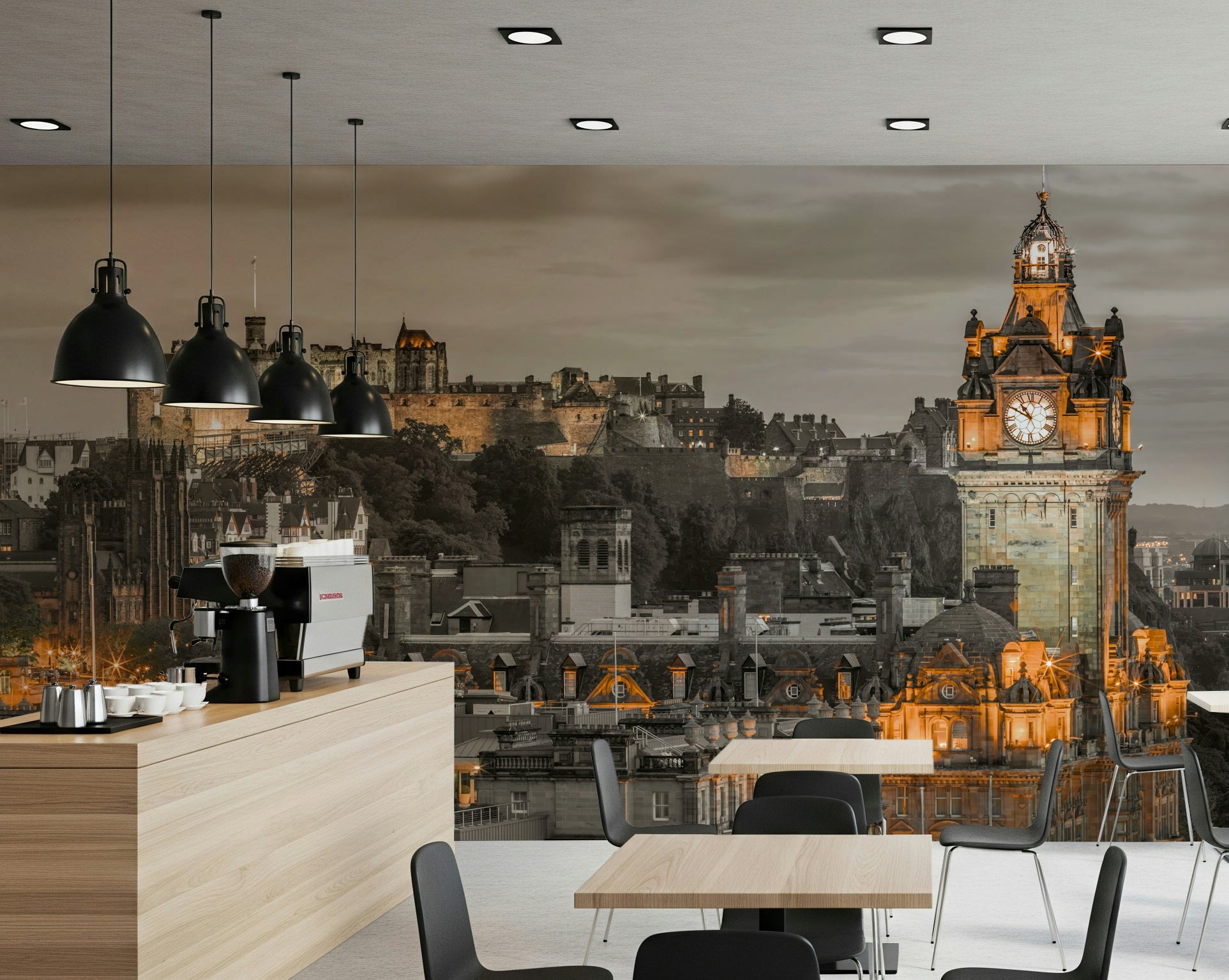 Illuminated Edinburgh Twilight skyline wallpaper for walls, Scottish capital art.